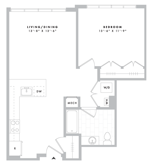 Floor plan for 1 bed, 1 bath, 760 sqft